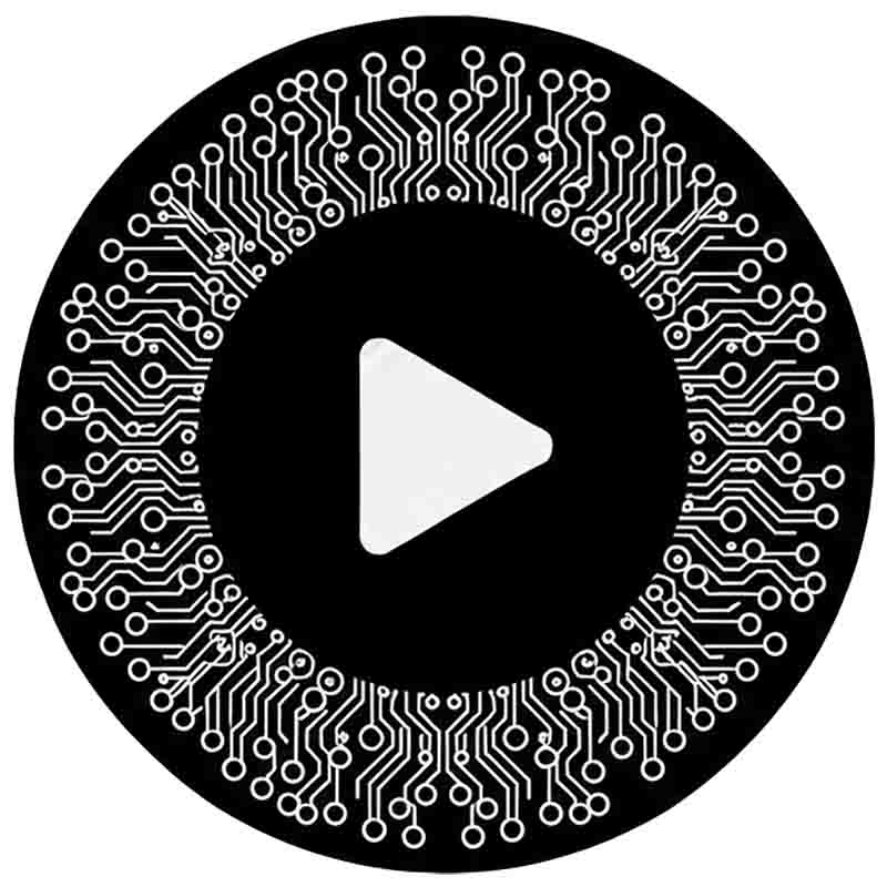 Minimalistisches, kreisförmiges Logo für aivideoagentur.com in Schwarz-Weiß. Das Design zeigt ein zentrales weißes Play-Symbol in einem schwarzen Kern, umgeben von einem dichten, radialen Netzwerk aus feinen weißen Schaltkreis-Linien und KI-Knotenpunkten, die technologische Innovation und digitale Videoproduktion symbolisieren.